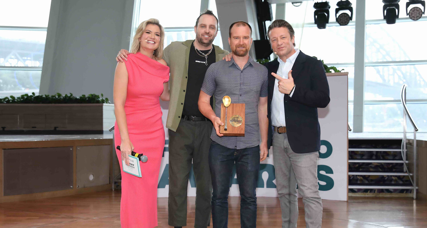 Farm My School team celebrating recognition at the Jamie Oliver Food Hero Awards, highlighting their impact on school farming, food education, and community health.