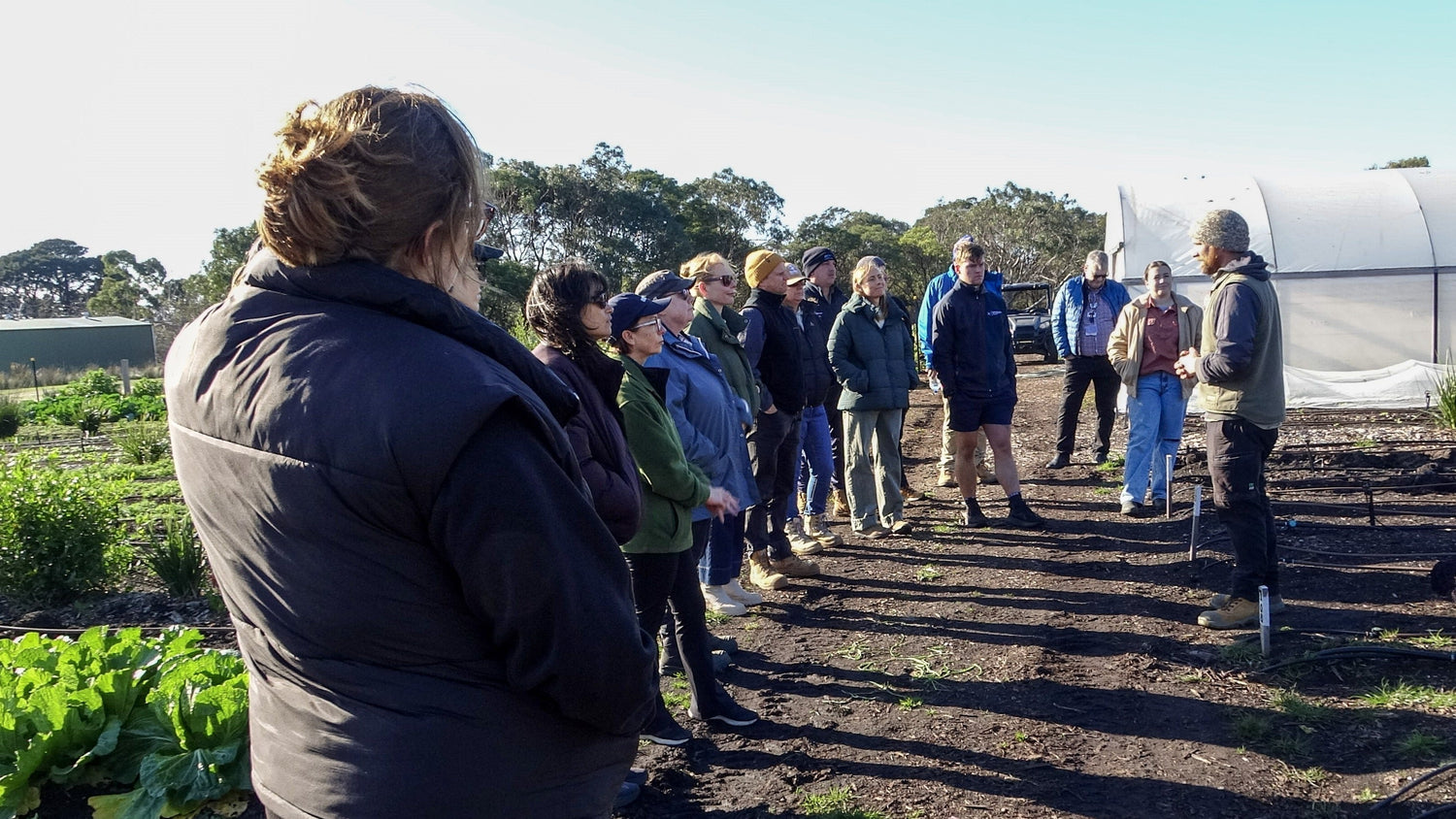Corporate team gathered in the paddock at Farm My School, using the farm as an outdoor boardroom for purpose-led leadership and collaboration.
