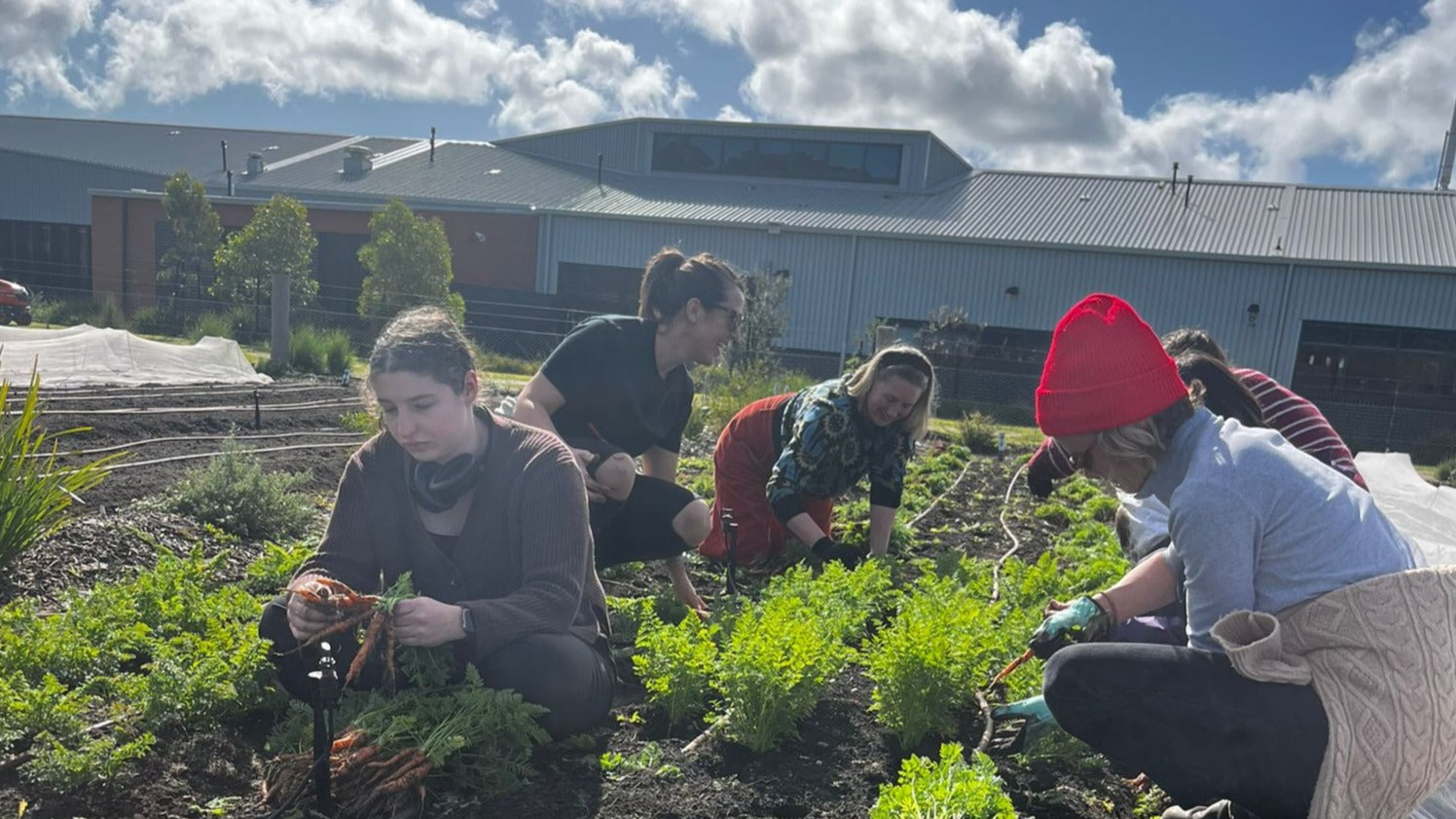 Teachers and students gathered in the garden, observing seasonal changes in the soil and crops during winter.