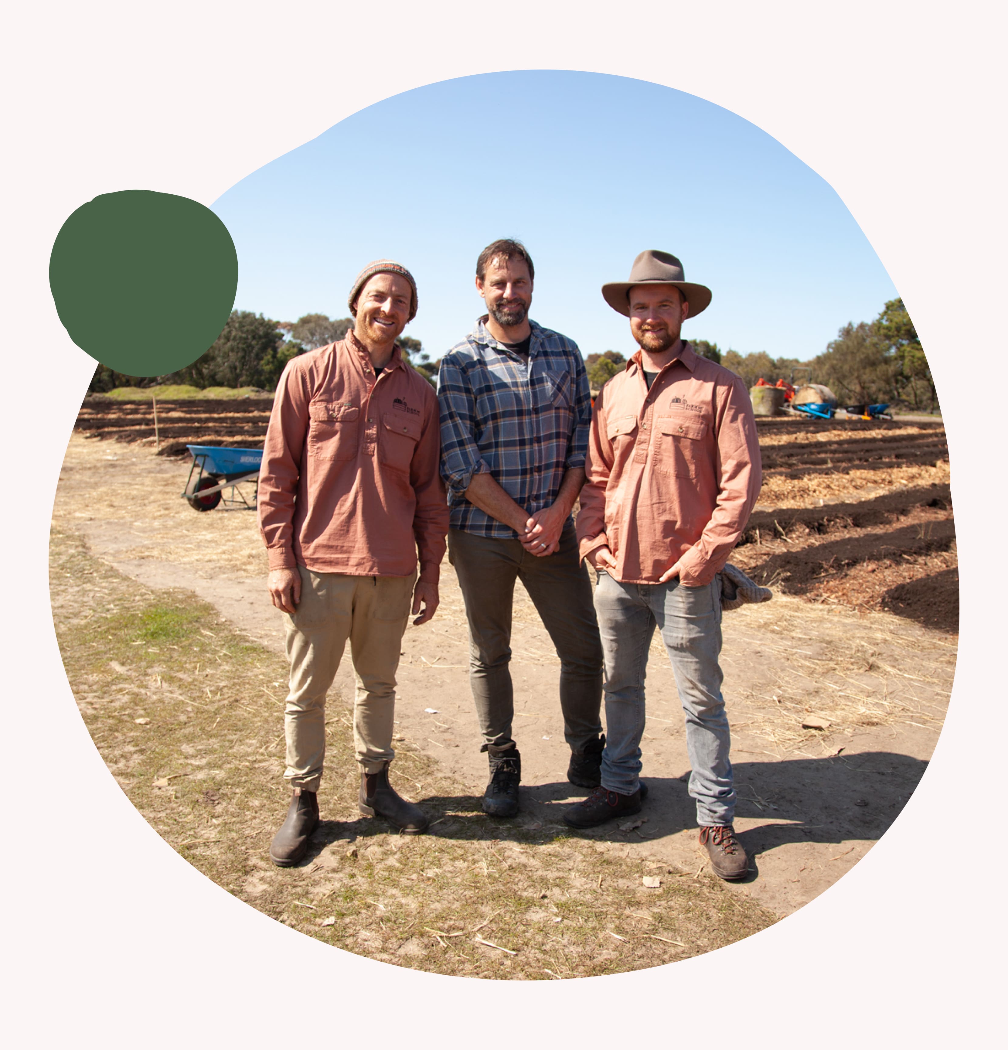 Farm My School founders Ben and James standing together at the school farm, representing the not-for-profit’s mission to transform food education and community resilience.